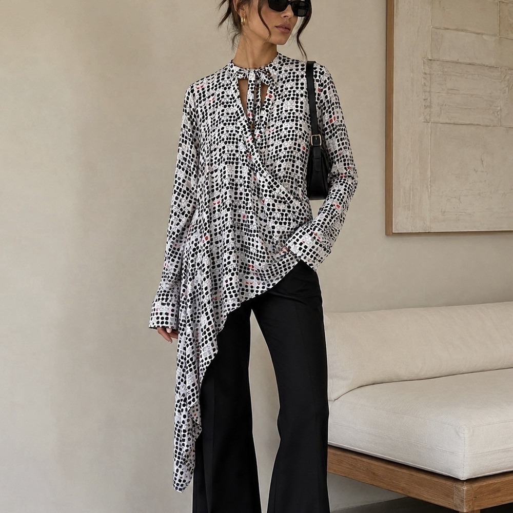 Thomas Wylde Sunglass Print Tie Neck Wrap Front Asymmetric Silk Blouse Top S